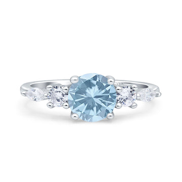 Round Marquise Art Deco Five Stone Engagement Bridal Ring Simulated Aquamarine CZ 925 Sterling Silver